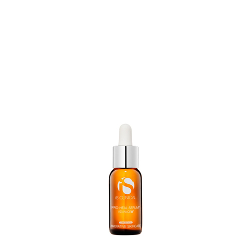 Een amberkleurige fles van iS Clinical Pro-Heal Serum Advance+ met een zilveren dop en witte pipet, 15ml.