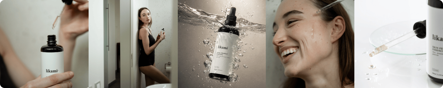 Vijfluik banner met close-ups van het openen van de fles, een glimlachende vrouw en het product in water