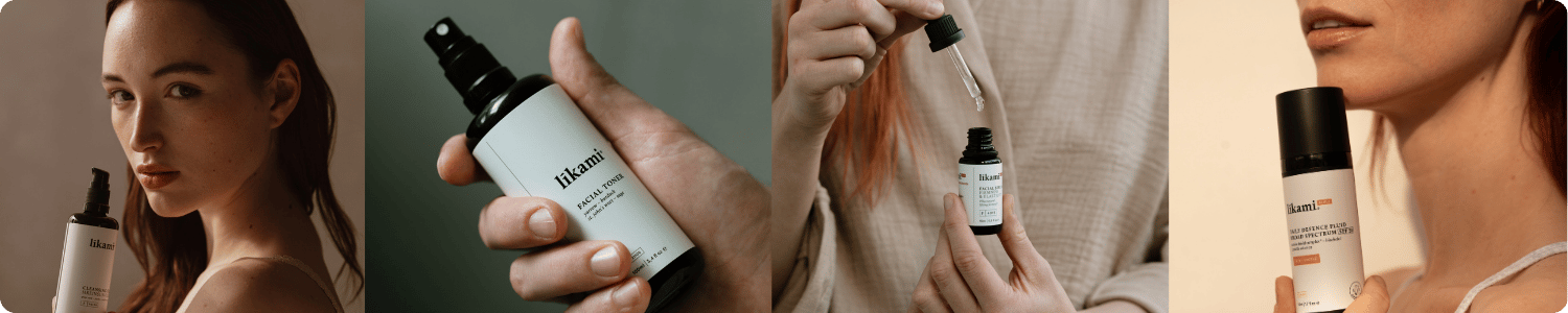 Vierdelige collage van vrouwen en verschillende Likami huidverzorgingsproducten zoals tonics en serums