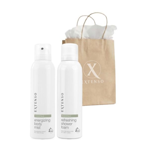 Studiofoto van de Extenso Body Glow Set met Refreshing Shower Foam, Body Mist, kraft tasje en vulpapier