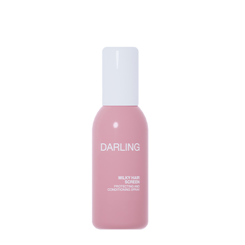 Een roze flacon van Darling Milky Hair Screen Protecting and Conditioning Spray van 150ml met een witte dop tegen een witte achtergrond.