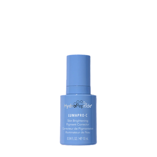 Een reisflesje van 10 ml HydroPeptide LumaPro C Skin Brightening Pigment Corrector met een blauwe verpakking tegen een witte achtergrond.