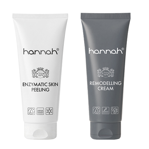 Huidverzorgingsset bestaande uit de hannah Enzymatic Skin Peeling in een witte tube en de Cell Recovery Cream in een grijze tube voor herstel en voeding.