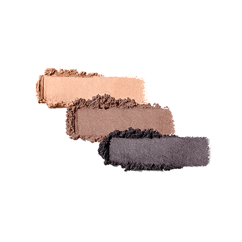 Jane Iredale Triple Brown Sugar kleurswatches van de drie oogschaduwkleuren beige, bruin en donkergrijs