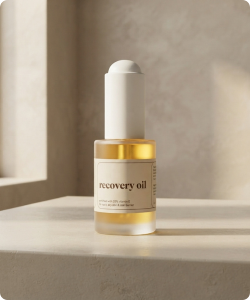 Een glazen flesje Prescription recovery oil met een witte druppeldop op een stenen plateau