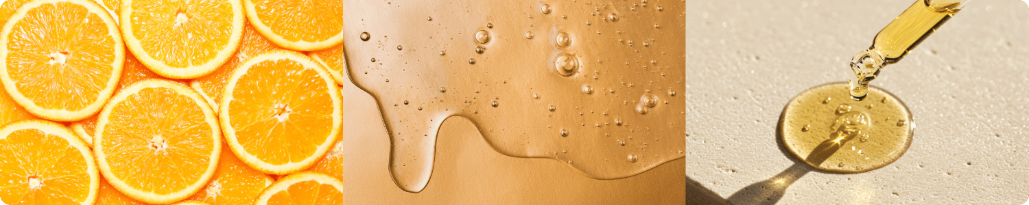 Drie gecombineerde afbeeldingen met verse sinaasappels, druppels van een cosmetische vloeistof en een pipet met een vitamine c serum op een lichte achtergrond