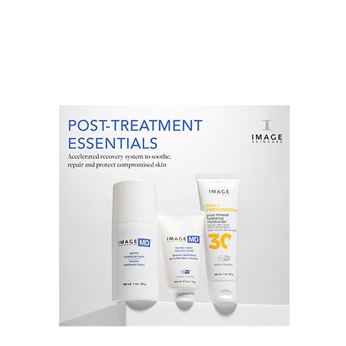 Een set van drie IMAGE Skincare producten: de MD Gentle Cleansing Balm, de MD Barrier Repair Recovery Balm en de Daily Prevention Pure Mineral Hydrating Moisturizer SPF 30.