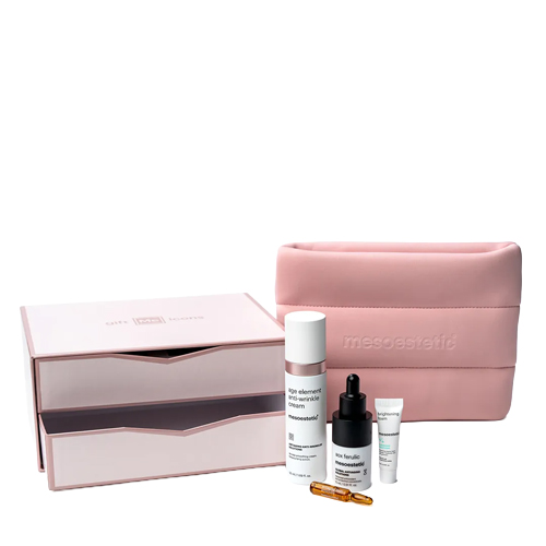 Mesoestetic Iconic Smooth holiday set met een roze opbergdoos met lades roze toilettas en huidverzorgingsproducten zoals Age Element Anti Wrinkle Cream en AOX Ferulic