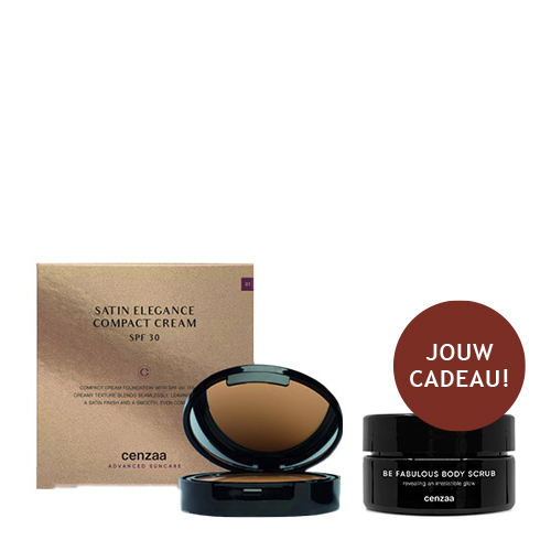 Cenzaa Satin Elegance Compact Cream foundation met SPF 30 in de tint Honey, getoond met een Be Fabulous Body Scrub als gratis geschenk.