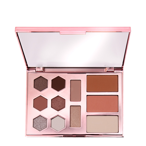 Bovenaanzicht van het geopende Cent Pur Cent Self Love & Confidence gezichtspalet, met verschillende kleuren oogschaduw in hexagon-vormen, blush, bronzer en highlighter.