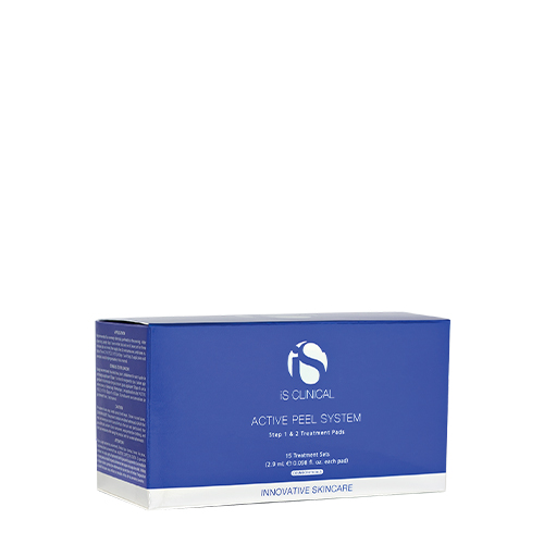 Luxe blauw-witte verpakking van iS Clinical Active Peel System tweestappen-thuispeeling met 15 treatment sets