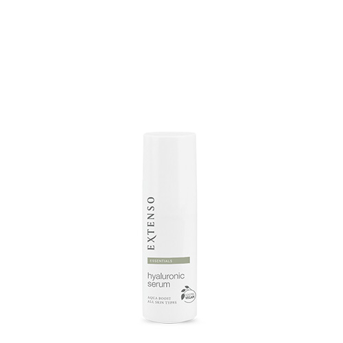 Vrijstaande productfoto van het gesloten Extenso Hyaluronic Serum (30ml) in een witte flacon met dop, op een strakke witte achtergrond.