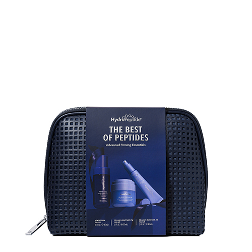 Het donkerblauwe HydroPeptide etui met daarvoor de productverpakking van de Best Of Peptides set