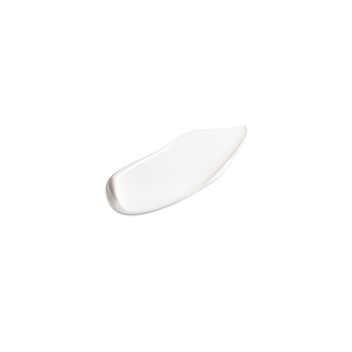 Een gladde, ovale veeg van glanzende, ondoorzichtige witte cosmetische crème, van bovenaf gefotografeerd tegen een effen witte achtergrond.