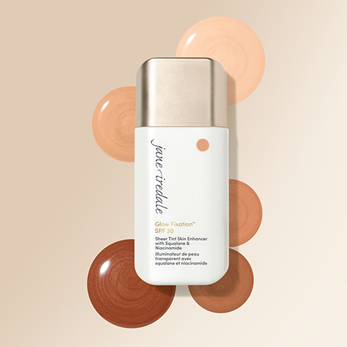 Jane Iredale Glow Fixation flesje met eromheen verschillende kleurspektakels en tinten