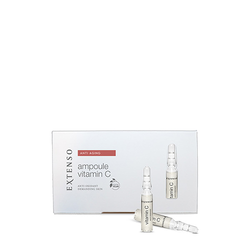 Extenso anti aging ampoule vitamin C verpakking met drie losse glazen ampullen op een witte achtergrond