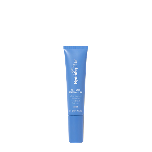 Een staande blauwe tube van de HydroPeptide Collagen ReActivate AM Lifting Treatment Moisturizer met een inhoud van 30ml.