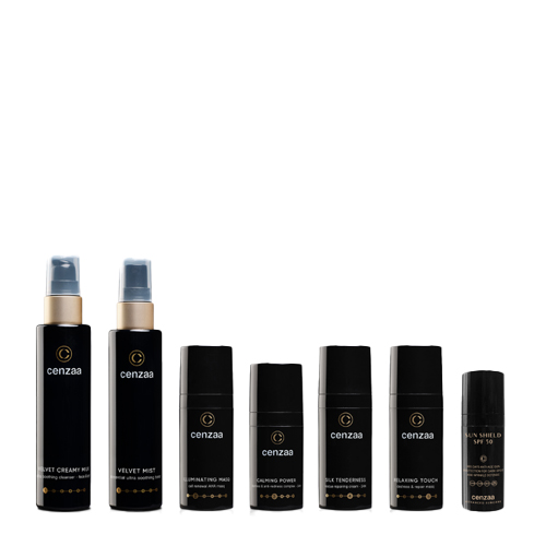 De verschillende huidverzorgingsflesjes en pompjes uit de Cenzaa Destress and Repair set op een rij, voor een rustgevende en herstellende huidroutine.