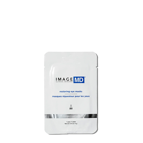 Een wit zakje van IMAGE Skincare Clinical MD Clinical voor 'restoring eye masks' (herstellende oogmaskers), met blauwe en zwarte letters en een zilveren accentlijn onderaan.