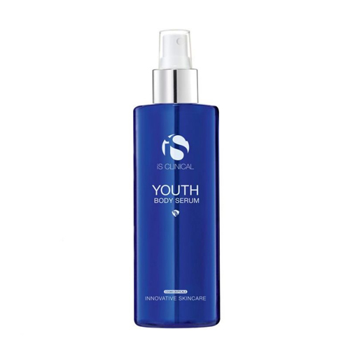 Blauwe sprayflacon van iS Clinical Youth Body Serum verfrissende en hydraterende anti-aging lichaamsspray 200ml
