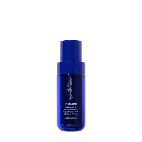 Een rechtopstaande blauwe fles HydroPeptide Hydrostem anti-aging serum van 30ml met een blauwe pompdop tegen een witte achtergrond.