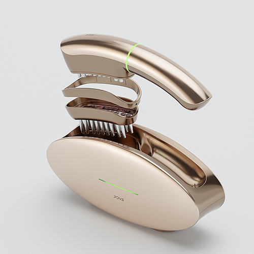 Ruimtelijk overzicht van de JOVS Slimax anti-aging set met het basisstation en de verschillende losse onderdelen van het handheld apparaat zwevend daarboven