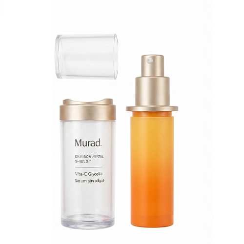 Opengebroken of losse onderdelen van het flesje Murad Environmental Shield Vita C Glycolic Serum die een defect of losse behuizing tonen