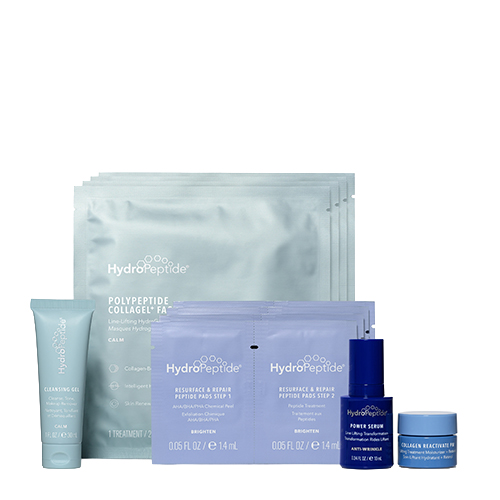 De inhoud van de HydroPeptide At Home Glass Facial set bestaande uit huidverzorgingsproducten en maskers