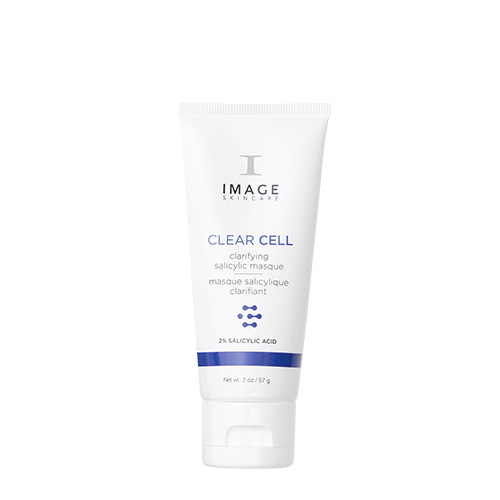 Een witte tube van het IMAGE Skincare Clear Cell Clarifying Salicylic Masque met 2% salicylzuur voor de vette en onzuivere huid.