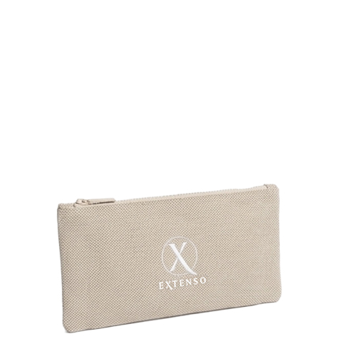 Een platte, beige geweven make-up tas of pouch van Extenso met een ritssluiting en het witte logo.