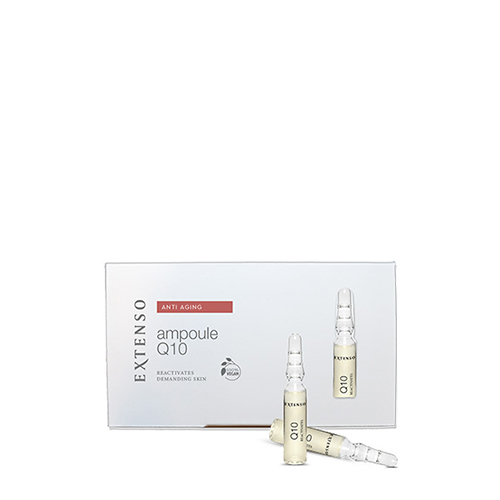 Extenso anti aging ampoule Q10 verpakking met drie losse glazen ampullen op een witte achtergrond
