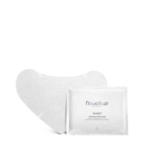 Een geopende verpakking van het Natura Bissé Inhibit Tensolift Neck Mask met daarnaast het witte, hartvormige vliesmasker dat speciaal is ontworpen voor de contouren van de hals en het decolleté.