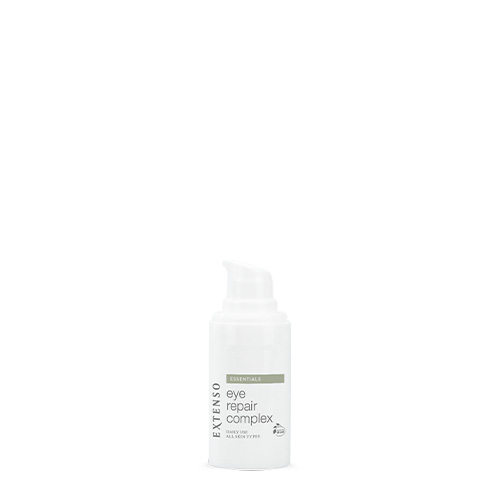 Witte pompflacon Extenso Eye Repair Complex tegen een witte achtergrond.