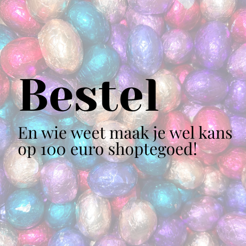 Een kleurrijke achtergrond van glanzende chocolade-paaseitjes in folie met de tekst: "Bestel En wie weet maak je wel kans op 100 euro shoptegoed!".