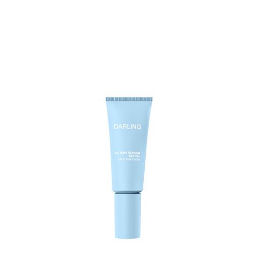 Een lichtblauwe tube van Darling Glowy Screen SPF 50+ Face Sunscreen tegen een witte achtergrond.