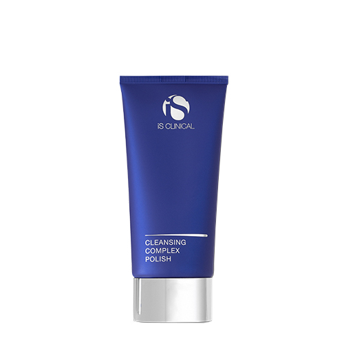 Transparante blauwe flacon met witte dop van iS Clinical Cleansing Complex Polish exfoliërende reinigingsgel 120g