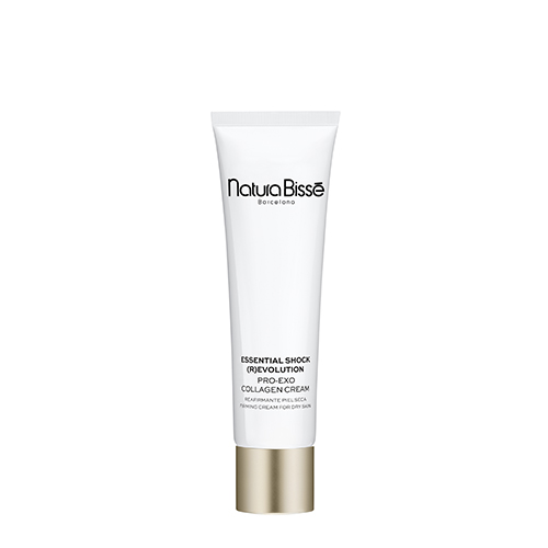 De productverpakking van Natura Bisse Essential Shock (R)Evolution pro-exo collagen cream, een slanke witte tube met een goudkleurige dop.