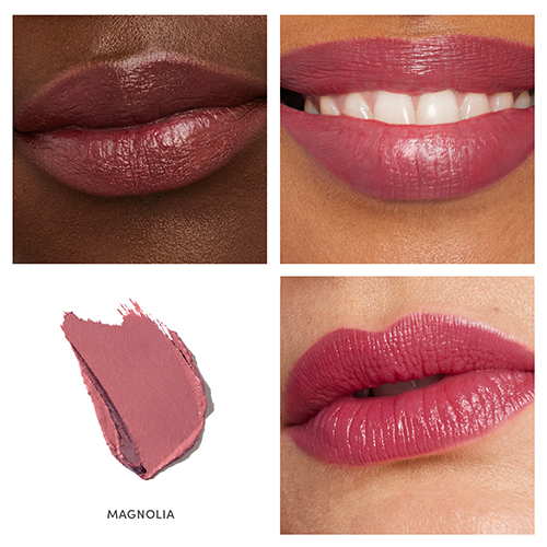 Vierdelige collage met lippen in diverse huidtinten, textuurveeg en applicatie van de lipstick in Magnolia.