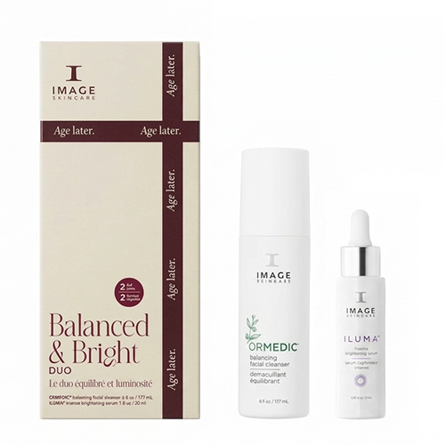 Verpakking van de IMAGE Skincare Balanced Bright Duo set naast Ormedic cleanser en Iluma serum