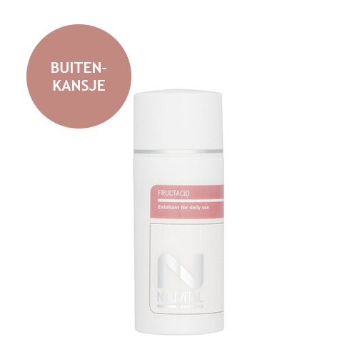 Een witte flacon van de Nouvital Fructacid tegen een witte achtergrond, met linksboven een oudroze cirkel waarin 'Buitenkansje' staat.