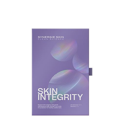 Paarse geschenkdoos van Synergie Skin met de tekst Skin Integrity