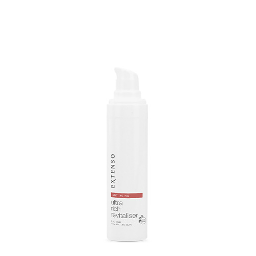 Geopende witte flacon van Extenso Ultra Rich Revitaliser met zichtbare pompdispenser tegen een witte achtergrond