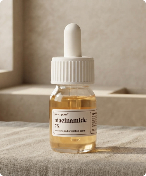 Een glazen flesje Prescription niacinamide 7 procent serum met een witte pipetdop op een lichte ondergrond