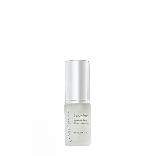 Een compacte, matte glazen flacon van het jane iredale BeautyPrep Hyaluronic Serum met een zilveren dop.