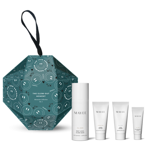 Mayee The Glow Out Moment No 1 kerstset kerstbal verpakking met Next Level Glow Mask Hydra Active Lava Scrub en Niacinamide Serum