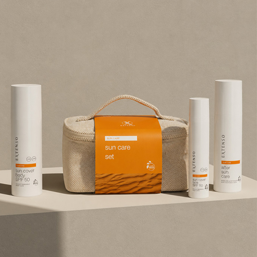 Extenso sun care set compleet met een oranje wikkel om de tas inclusief sun cover body spf 50 sun cover face spf 50 en after sun care