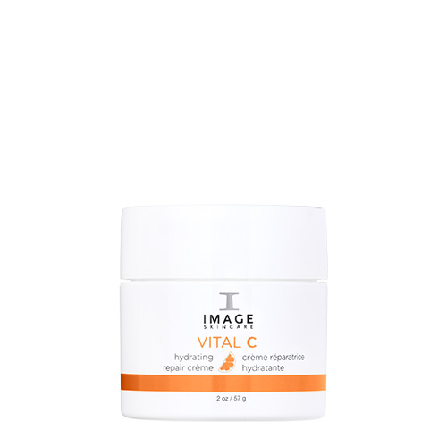Een witte pot IMAGE Skincare VITAL C hydrating repair crème met een oranje band en grijze letters op een witte achtergrond.