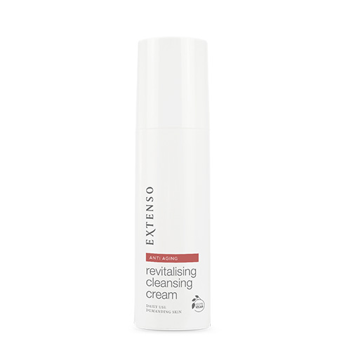 Een witte gesloten flacon van Extenso anti aging revitalising cleansing cream honderdvijftig milliliter op een witte achtergrond