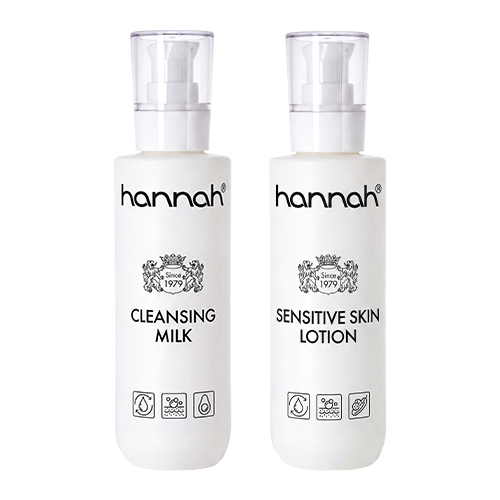 Twee witte pompflacons van het merk hannah met de tekst Cleansing Milk en Sensitive Skin Lotion tegen een witte achtergrond