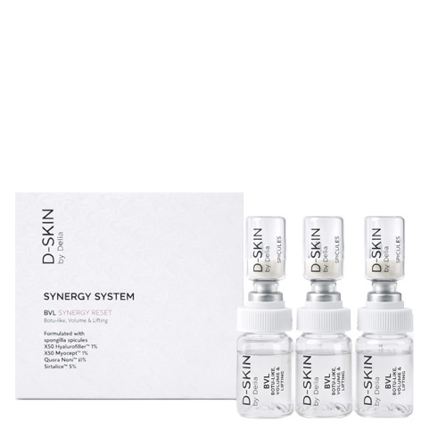 Luxe huidverzorgingsset van D-SKIN: de BVL Synergy Reset met drie ampullen. Bevat ingrediënten zoals spongilla spicules en Hyalurofiller voor een botu-like effect, volume en lifting.